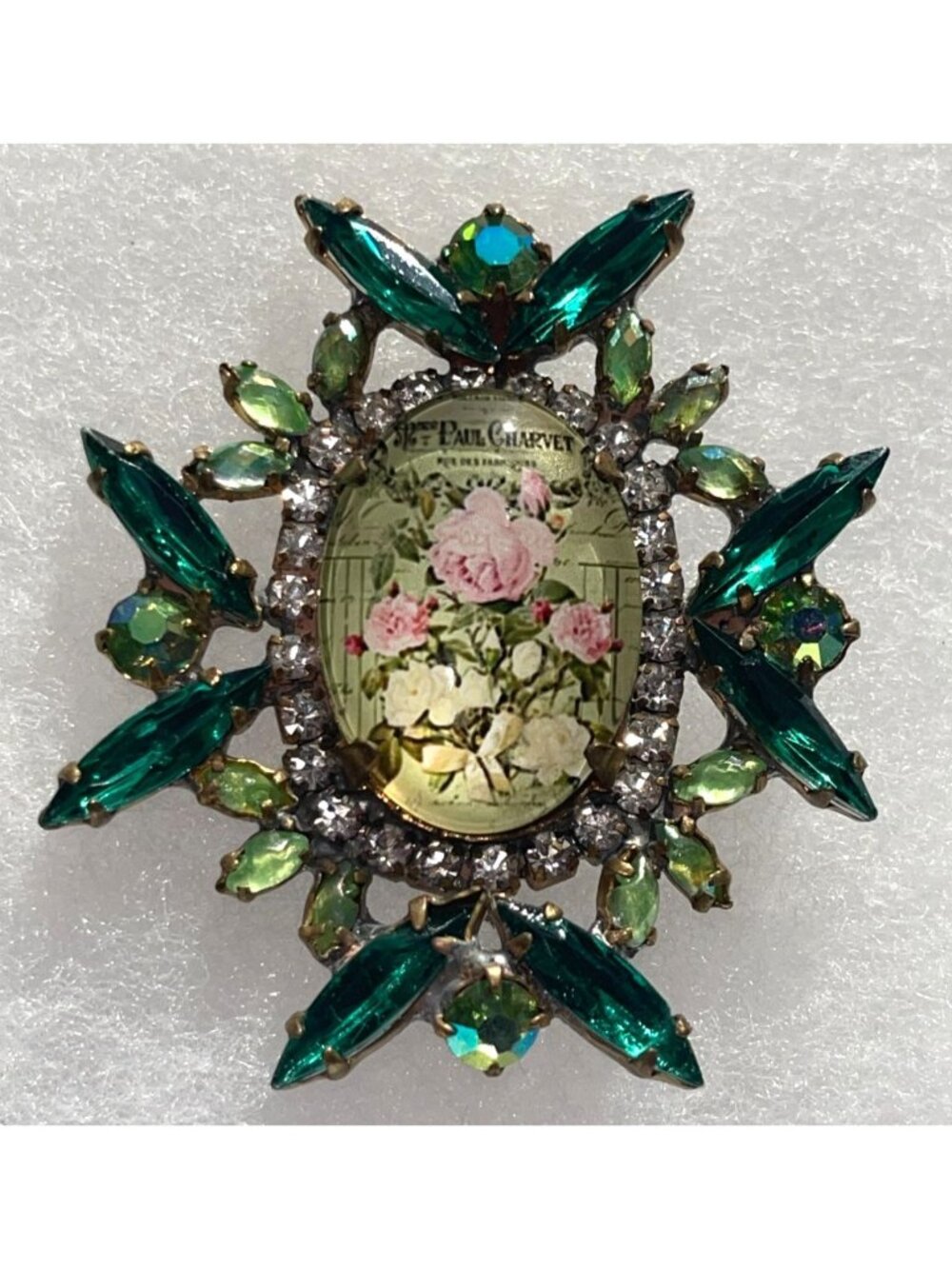 Vintage Czech Paul Charvet Floral Glass Brooch With Emerald Green Rhinestones Pi